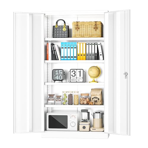 Image of INTERGREAT Metal Storage Cabinet Doors, 72 inch Locking Steel Storage Cabinet with Shelves, Tall Lockable Steel Cabinets for Home Office, Garage(White)