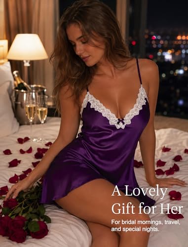 Image of Girece Sexy Night Gowns for Woman Silk Nightgown Lace Trim Sleep Dress Babydoll Lingerie Satin Nighty Negligee