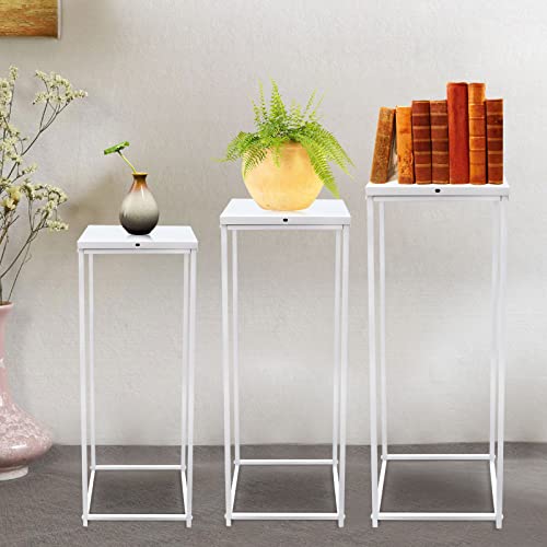 Juego de 3 mesas de columnas modernas con taburetes de metal rectangulares para plantas, estilo industrial, color blanco