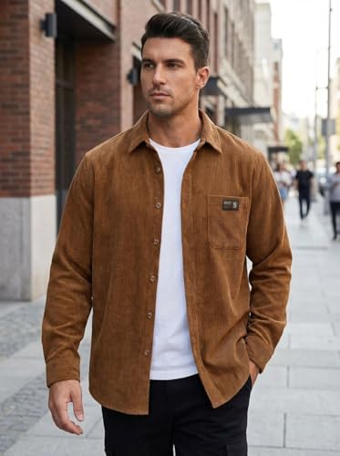 Image of IndoPrimo Men's Corduroy Shirt | Premium Ribbed Full Sleeve Casual Overshirt | Button-Down Solid Shirt with Chest Pocket | Regular Fit