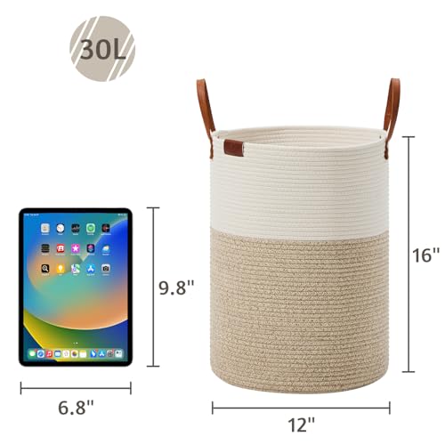 Image of VIPOSCO 30L Small Woven Rope Laundry Hamper, Leather Handles, White & Brown | Baby Wicker Laundry Basket for Clothes, Blankets, Kids Toys, Towels, Storage Bin in Nursery, Bedroom, Bathroom, Living Room