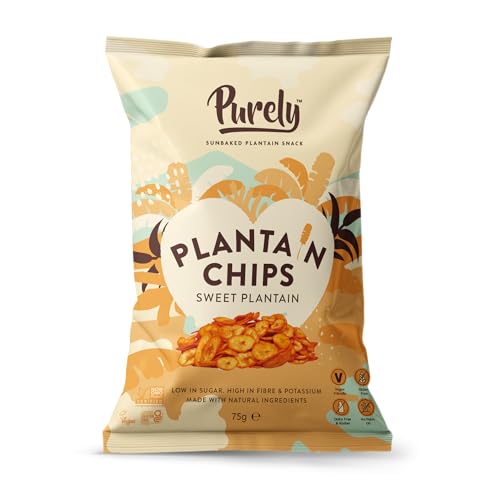 Purely Plantain Chips - Low Fat Plantain Crisps - Gluten Free Snacks - Healthy Alternative Snack Multipack - Vegan, Nutritious & All Natural - Sweet Treats - 75g x 10 Pack