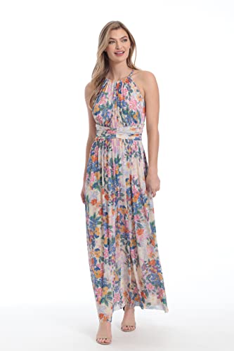 Image of London Times Women's London Times Mesh Halter Maxi Dress with Ruched Waistband Flowy Bohemian Beach Dresses