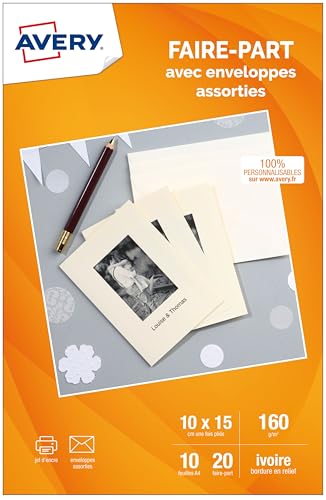 AVERY - Pochette de 20 cartes faire-part ivoire (160g/m²). Personnalisables et imprimables. Format A6 (4 par page). Impression jet d'encre.
