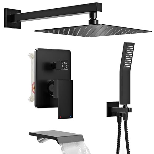Sistema de Ducha Negro Mate con Grifo para Bañera y Ducha de Lluvia de 12 Pulgadas | Juego Completo de Ducha para Bañera y Ducha de Lluvia con Válvula y Kit de Acabados, Montaje en Pared miniatura 1