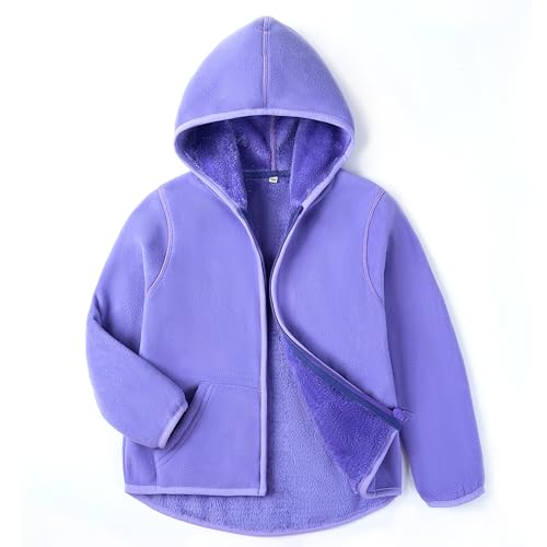 Image of Boys Girls Polar Fleece Jacket with Hood Toddler Coat 2-12 Years | Soft Full Sherpa Fleece Lining, Anti-Pilling, Mid-Weight, Easy Zip-Up, Hooded Design, Hand-Warm Pockets, Elastic Cuffs & Hem