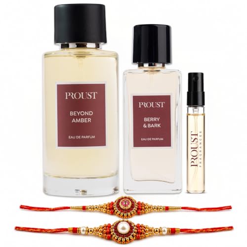 Image of PROUSTFRAGRANCES Beyond Amber Perfume 100ml Raksha Bandhan Gift Set | Berry & Bark EDP 50ml, 2 Rakhis & 1 Fragrance Tester included | Luxury festive perfume combo with spicy amber and sweet notes