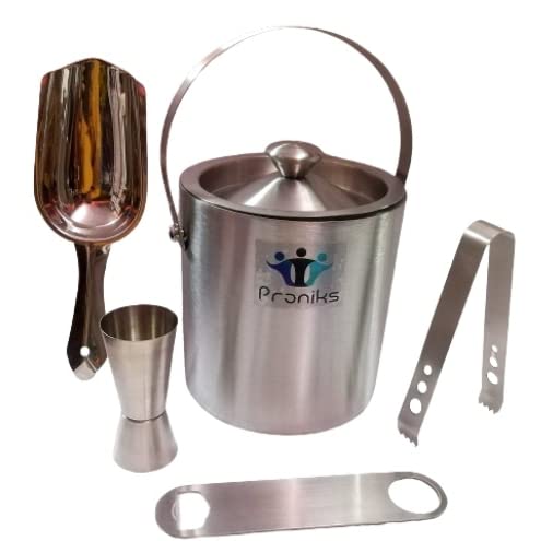 Proniks Stainless Steel Insulated Ice Bucket with Opener and Ice Tong and peg Measure and with Ice Scope [1.5Liter] | Keeps Ice Cold for 6 h | Great bar Tools for Home bar Accessories, Mini bar, Wine