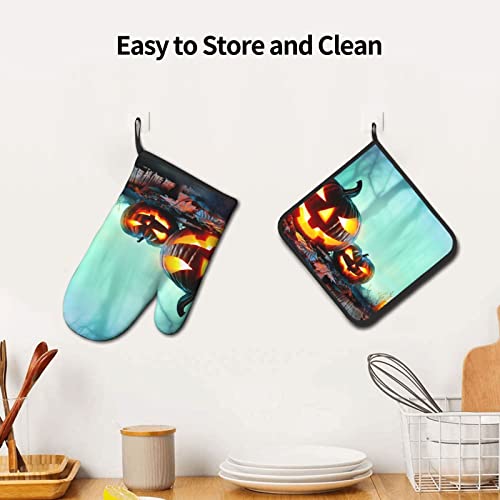 Halloween Pumpkin Oven Mitts And Pot Holders Set Heat Resistant Oven Glove And Potholder Kitchen Microwave Gloves For Baking Bbq Grilling Cooking Oven Mitts #TOP4