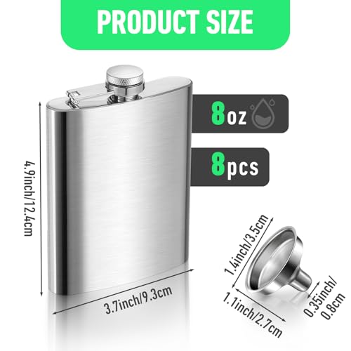 8 Pcs Hip Flasks for Liquor, 8 OZ Stainless Steel Leakproof Thin Flasks with Funnel for Men & Women, Stainless Steel Flask Hip Flask Set for Wedding Party, Groomsman, Bridesmaid, Gift (Silver) - Thumbnail 3
