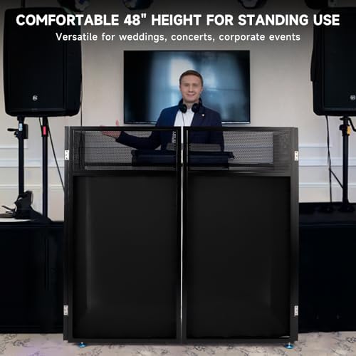 DJ Booth Table with Black & White Scrim, Foldable Metal DJ Stand with Cable Management & Carry Bag, 108 * 52 * 115CM Workstation for Mobile DJ, Wedding, Party, Event, DJ Controller, Laptop & Mixer - Image 4