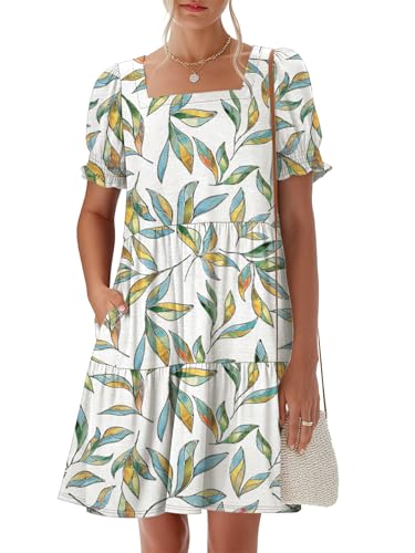 Image of ANRABESS Women Summer Square Neck Puff Short Sleeve Mini Dress 2026 Casual Flowy Sundress Beach Vacation Clothes with Pockets