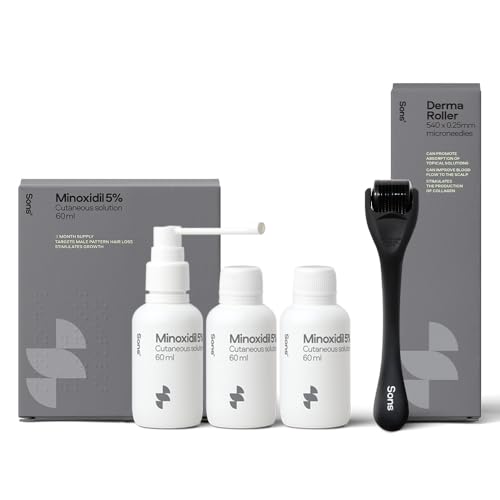 Sons Minoxidil 5% Spray (3x60ml) & 0.25mm Dermaroller for Men, Clinically Proven Hair Regrowth Formula, Hair Loss Treatment, Stimulates Follicles, Precise Applicator, Microneedling Boosts Absorption