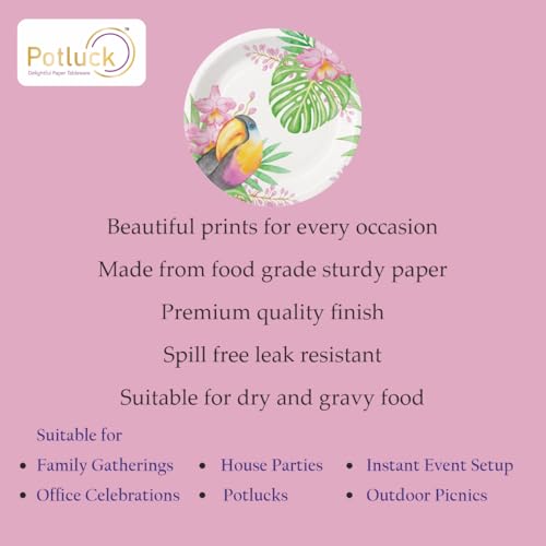 Image of Potluck Tropical Toucan Disposable Paper Plates, 9 Inch Food Grade Tableware for Parties, Events, Snacks & Meal Serving Pack