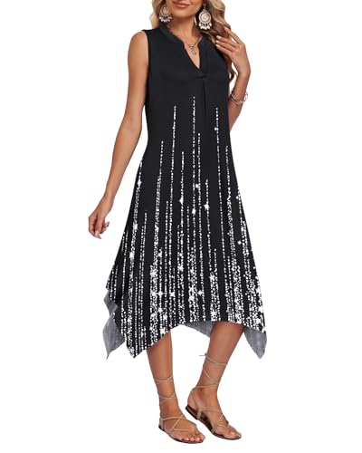 Image of AUSELILY Womens Summer Midi Dress V Neck Sleeveless Casual with Pockets | Flowy womens summer dress with asymmetrical hem, great for beach, vacation and daily wear