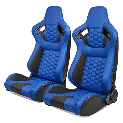 IKON MOTORSPORTS, Universal Racing Seats with Dual Sliders, Reclinable Blue & Black PU + Carbon Leather with Hexagonal Quilting Sport Bucket Seats, 1 Pair Driver + Passenger Side