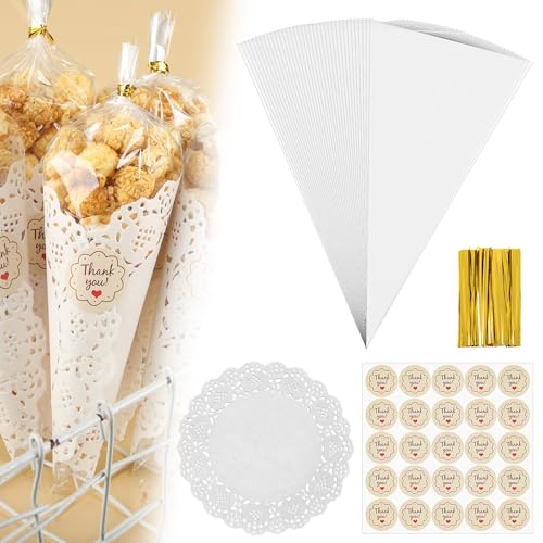 LemonRoad 100 Pcs Popcorn Cones Bags Set 5 x 10 Inch Cone Shaped Cellophane Treat Bags with 6.5 Inch White Lace Paper Doilies and Thank You Stickers for Wedding Party Candy Popcorn Snack Wraps