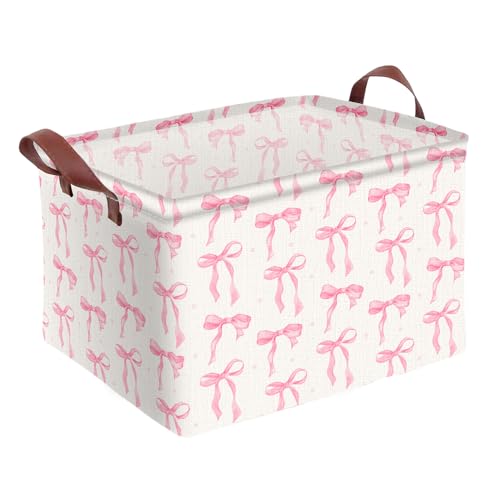 Image of Pink Bow Storage Basket Waterproof Canvas Toy Storage Bin Coquette Room Decor Collapsible Outdoor Basket with Leather Handles Pink Bow Room Decor Blanket Baskets For Closets,Bedrooms,Gifts Baskets