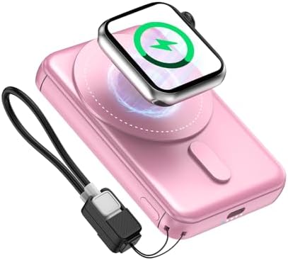 Magnetic Power Bank, 3 in 1 Wireless Portable Charger S05 Power Bank for Magsafe 5000mAh Battery Pack, PD20W Fast Charging with Built-in USB-C Cable For iPhone 17/16/15/14 Series, Apple Watch/Airpods