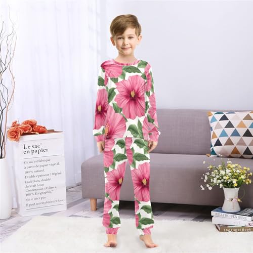 Pink Hibiscus Floral Pattern Soft Pajama Set for All Seasons,Breathable Pjs Long Sleeve Sleepwear,Comfy Loungewear 2 Piece Underwear Set 3T4