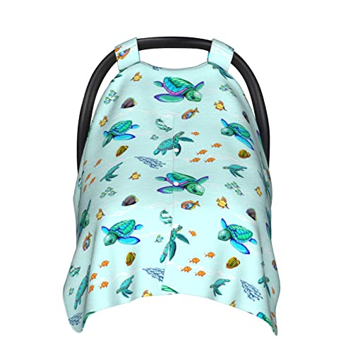 Image of Sea Turtle Baby Car Seat Canopy Cover, Nursing Cover for Newborn, Ocean Beach Theme Stuff for Stroller Cover for All Seasons
