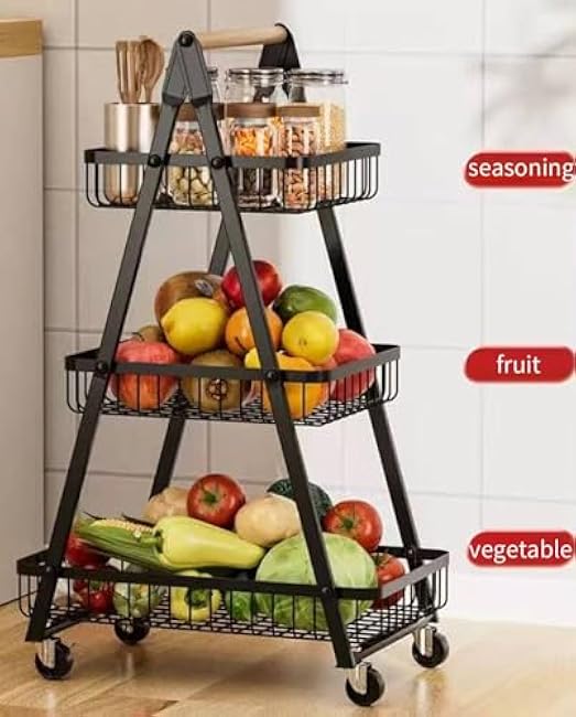 3/4-Tier Fruit Basket,Desktop Storage Organizer,Pull-Out Kitchen Storage Rack,Multi-Functional Storage Trolley for Office, Living Room, Kitchen, Movable Storage Organizer with Wheels,Black (4-Tier)-C1hih1k7