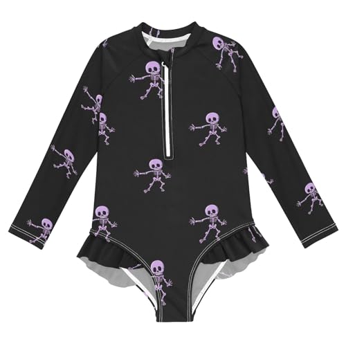ALAZA Swimsuit for Girls Long Sleeve Rashguard Bathing Suit Purple Skeleton Quick Dry 4T