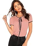 Floerns Women's Summer Short Sleeve Tie Bow Neck Chiffon Blouse Top Pink L