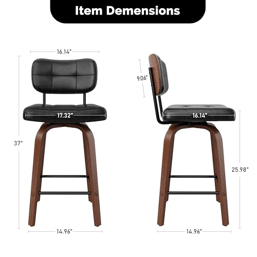 Butacos de Barra Set de 4 Giratorios, Cuero PU Negro | Butacos Modernos Giratorios de Altura para Isla de Cocina y Barra, Altura 26 pulgadas, Estructura de Madera y Metal con Apoyo para Espalda miniatura 2
