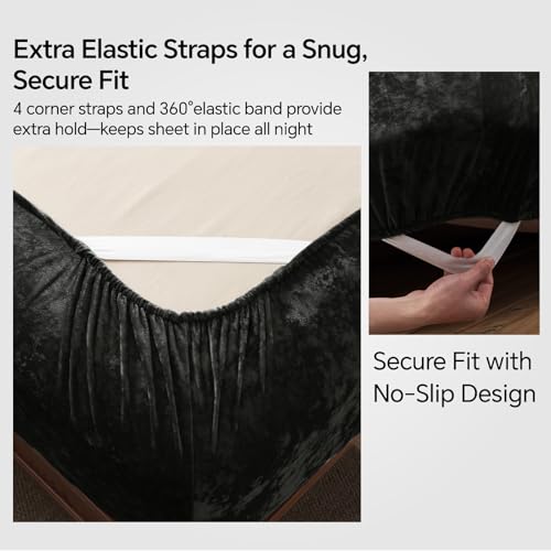 BEDELITE Velvet Fitted Sheet and Pillowcases Set, Luxury Soft Fuzzy Bottom Sheet with Reinforced Elastic Corner Straps, Deep Pocket up to 15 Inch, 1 Fitted Sheet and 2 Pillowcases (Cal King, Black)