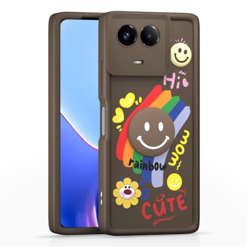 Image of Pikkme Back Cover for Realme 11 / 11X 5G / Narzo 60X 5G | Soft Silicone| Cute Rainbow Smile & 3D Cartoon Flower Design | Shockproof Raised Camera Protection Bumper Case (Brown)