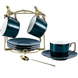 Tea Set Coffee Cup Set Tea Cup Set Tea Cup Set Tea Cups and Saucers with Metal Holder Gold Trim Simple Ceramic Coffee Tea Set (Green 13 Pieces) (Black 19 Pieces) (Green 13 Pieces)