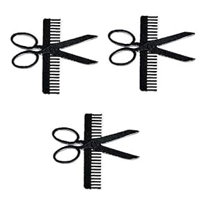 Umama Patch Set of 3 Cute Hair Cutting Scissors Comb Black Cartoon Sticker Fabric Scissors Iron On Embroidered Patches Appliques Machine Embroidery Needle craft Projects DIY