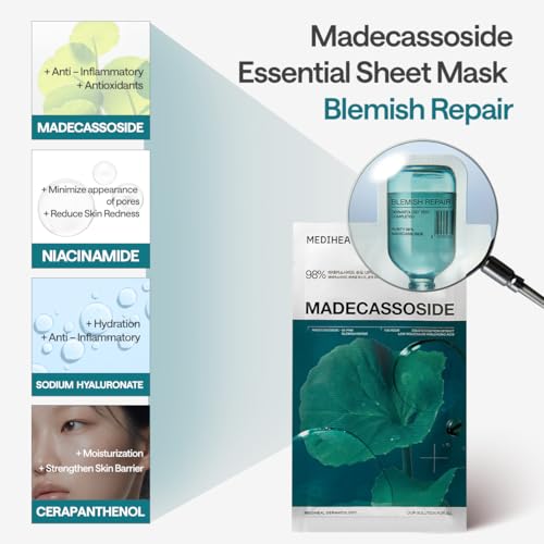 Image of MEDIHEAL Madecassoside Essential Mask Blemish Repair (10 Sheets) Korean Sheet Mask with 98% Purity Madecassoside & Hyaluronic Acid, Redness Relief, Skin Barrier Repair, Deep Hydration, Improves Skin Texture, Vegan Soothing Facial Mask