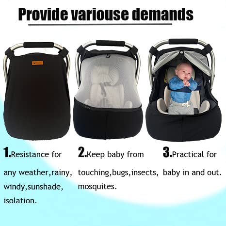 Image of Car Seat Sun Shade Covers for Babies - All-in-1 Car-seat-Covers Canopy with Privacy Sun Shade & Bug Net Windproof & Waterproof Protects Newborn Baby from UV Rays, Rains,Dust,Insects Carseat Covers