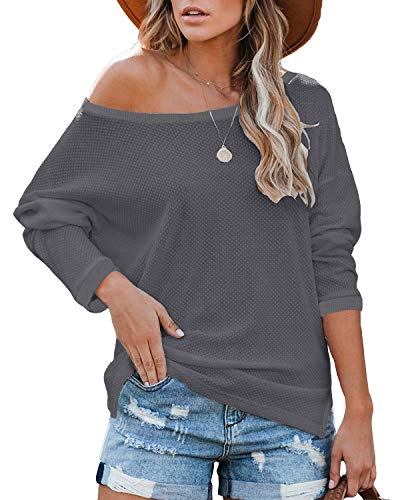 Yanekop Womens Off Shoulder Waffle Knit Top Long Sleeve Loose Fit Pullover with Side Slit(Dark Grey,S)
