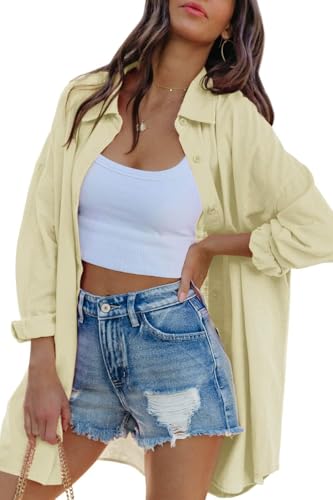 Image of FSHAOES Womens Oversized Button Down Shirts Casual Loose Long Sleeve Solid Lapel Long Blouses Tops with Pockets