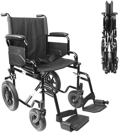 PEPE Mobility Silla de Ruedas Plegable Ligera (Asiento 46 cm), Estructura de Acero con Freno Manual, Reposabrazos y Reposapies Abatibles, Cinturón