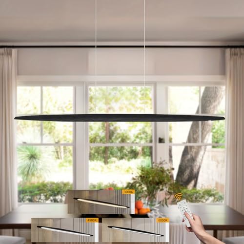 YYUTLUO Lampada A Sospensione A LED In Legno Per Tavolo Da Pranzo, Nera Dimmerabile Con Telecomando, Lampada Sospensione Altezza Regolabile Design Lineare Moderno Lampada Soggiorno Sospesa (130cm)
