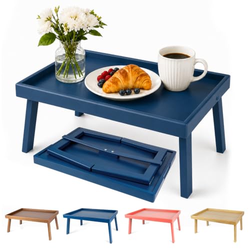 Image of Bamboo Bed Table Tray with Support Bar and Foldable Legs, Breakfast Food Trays Table for Bed Sofa Eating and Laptops, TV Lap Tray Table on Couch (Applied for Invention Patent)