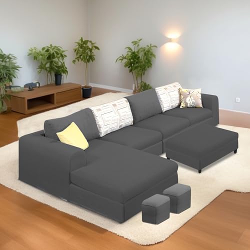 Image of Koza LHS 8 Seater L Shape Sofa Set with Center Table for Living Room (Black Fabric) Premium Fabric Sofa