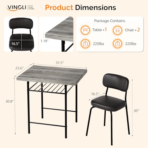 Image of VINGLI Dining Table Set for 2, Small Kitchen Table Set with Upholstered Chairs, 3-Piece Dining Set with Storage Rack, Wood Dining Room Set with Metal Legs for Small Spaces, Living Room, Grey