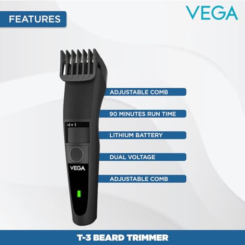 Image of VEGA T-3 TRIMMER for men, USB charging, quick charge, 90 minutes run time, cordless, travel lock - 20 length settings starting 0.4mm + VEGA Blooming Air 1000 Hair Dryer (VHDH-05), Color may Vary
