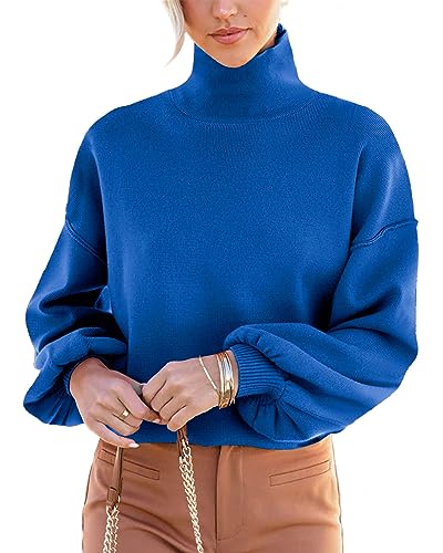 Motos, Compra de libro digital Suéteres de manga larga para mujer, cuello alto, casual, sueltos, de punto, 01-azul real, Small