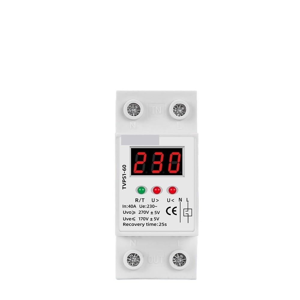 POWTAXBJGD 230V AC 40A 63A Din Rail Automatic Recovery Reconnect Over Under Voltage Protective Device Overvoltage Protector LED Display(63A)