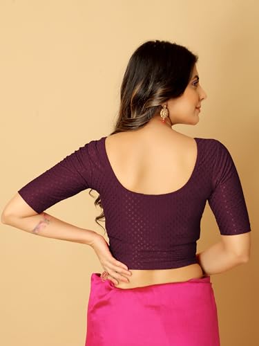 Image of Amazon Brand - Anarva Round Neck Dobby Cotton Lycra Stretchable Elbow Half Sleeve Readymade Saree Blouse for Women Stylish