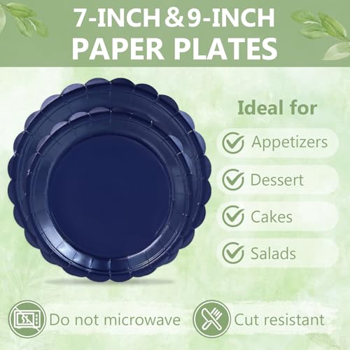 Image of 100 Navy Blue Paper Plates and Napkins Disposable for Party, 25-9 inch&25-7 inch