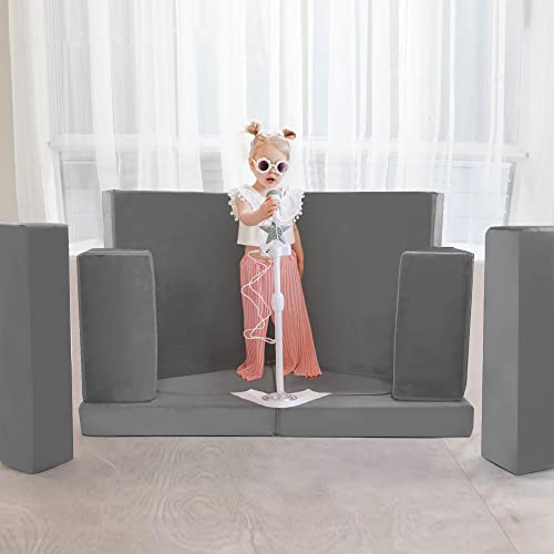 Memorecool 10-Piece Kids Couch Sofa, Modular Toddler Couch For Playroom Bedroom, Fold Out Couch Play Couch For Kid Girl Boy, Kids Convertible Sofa Sectional Foam Playset Couch Set, Grey #TOP7