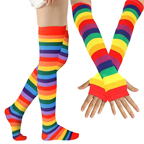 Image of Over Knee Rainbow Thigh High Socks Cosplay Accessories for Women Fashion Wild Long Striped Leg warmers