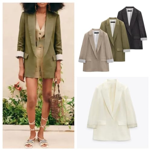 Women's Printed Sleeves Curly Linen Buttons Lapelless Open Collar Blazer Autumn2